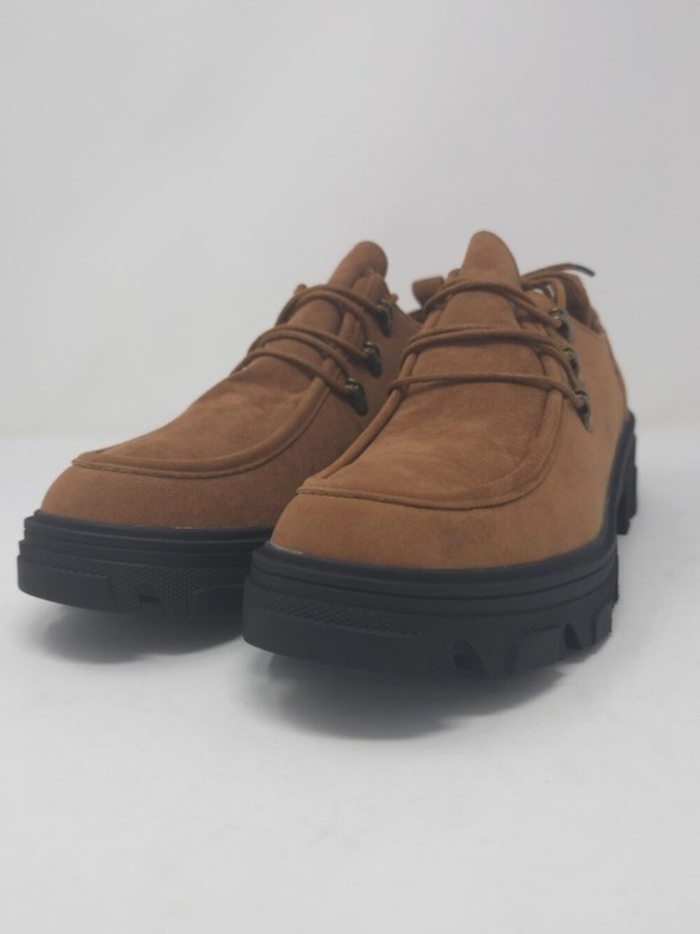 Tan Faux Suede Chunky Platform Lace Up Shoes Lug Sole Casual Trendy